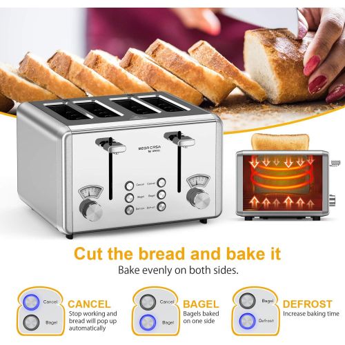  [아마존베스트]Toaster 4 Slice,whall Stainless Steel Extra Wide 4 Slots Toaster- Dual Independent Control Panels,6 Bread Shade Settings,Bagel/Defrost/Cancel Function,Removable Crumb Tray,Toast Ev