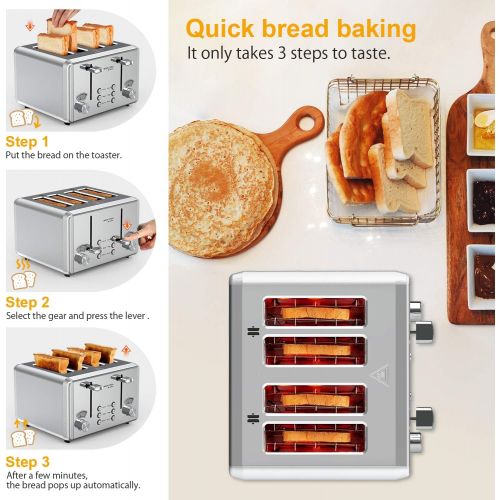  [아마존베스트]Toaster 4 Slice,whall Stainless Steel Extra Wide 4 Slots Toaster- Dual Independent Control Panels,6 Bread Shade Settings,Bagel/Defrost/Cancel Function,Removable Crumb Tray,Toast Ev