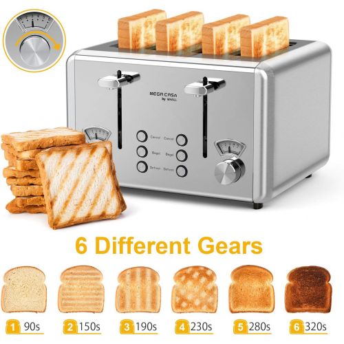  [아마존베스트]Toaster 4 Slice,whall Stainless Steel Extra Wide 4 Slots Toaster- Dual Independent Control Panels,6 Bread Shade Settings,Bagel/Defrost/Cancel Function,Removable Crumb Tray,Toast Ev