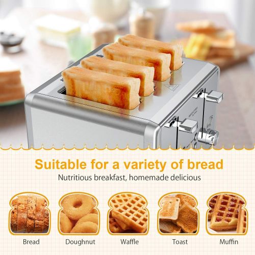  [아마존베스트]Toaster 4 Slice,whall Stainless Steel Extra Wide 4 Slots Toaster- Dual Independent Control Panels,6 Bread Shade Settings,Bagel/Defrost/Cancel Function,Removable Crumb Tray,Toast Ev