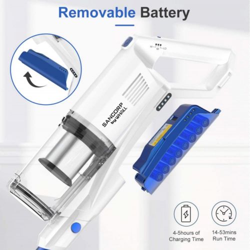  Cordless Vacuum Cleaner, whall 22Kpa Suction 250W Brushless Motor Cordless Stick Vacuum Cleaner, up to 53mins Runtime, 4 in 1 Lightweight Handheld Vacuum for Home Hard Floor Carpet