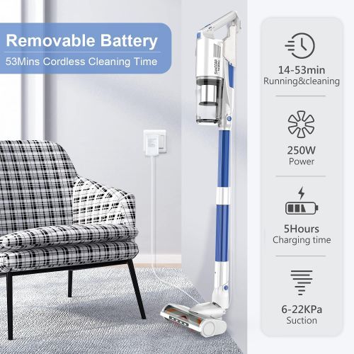  Cordless Vacuum Cleaner, whall 22Kpa Suction 250W Brushless Motor Cordless Stick Vacuum Cleaner, up to 53mins Runtime, 4 in 1 Lightweight Handheld Vacuum for Home Hard Floor Carpet