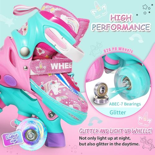  Wheelkids Unicorn Roller Skates for Girls 4 Size Adjustable Roller Skate for Kids with Light up Wheels
