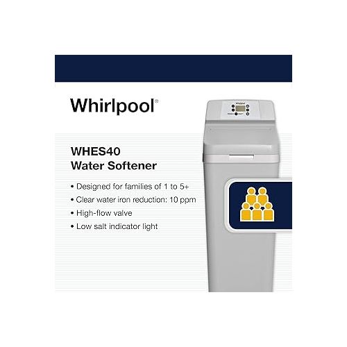  Whirlpool WHES40E 40,000 Grain Softener | Salt & Water Saving Technology | NSF Certified | Automatic Whole House Soft Water Regeneration, White