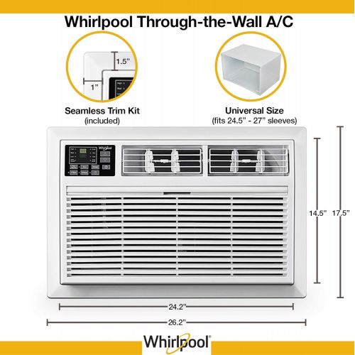  Whirlpool 14,000 BTU 230V Through-The-Wall Air Conditioner, Dehumidifer AC for Rooms up to 700 Sq.Ft Remote Control Digital Display 24H Timer WHAT142-2AW, 14000, White