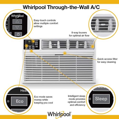  Whirlpool 14,000 BTU 230V Through-The-Wall Air Conditioner, Dehumidifer AC for Rooms up to 700 Sq.Ft Remote Control Digital Display 24H Timer WHAT142-2AW, 14000, White