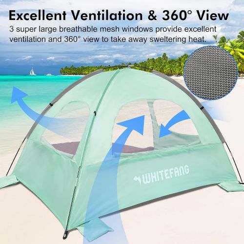  WhiteFang Beach Tent Anti-UV Portable Sun Shade Shelter for 3 Person, Extendable Floor with 3 Ventilating Mesh Windows Plus Carrying Bag, Stakes and Guy Lines