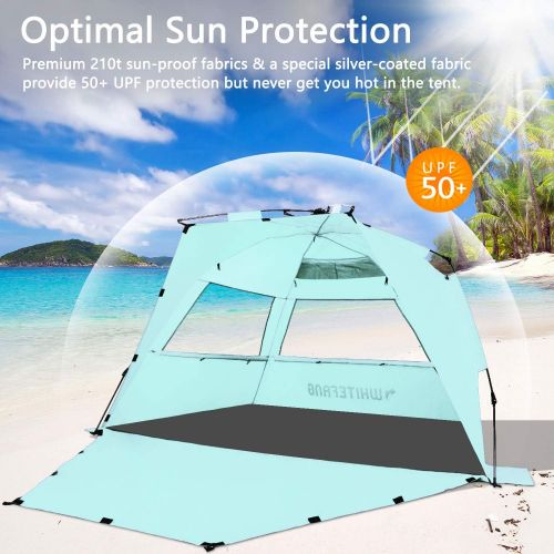  [아마존베스트]WhiteFang Deluxe XL Pop Up Beach Tent Sun Shade Shelter for 3-4 Person, UV Protection, Extendable Floor with 3 Ventilating Windows Plus Carrying Bag, Stakes, and Guy Lines