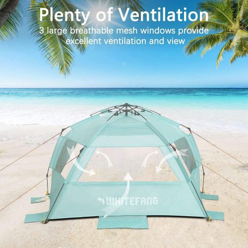  [아마존베스트]WhiteFang Deluxe XL Pop Up Beach Tent Sun Shade Shelter for 3-4 Person, UV Protection, Extendable Floor with 3 Ventilating Windows Plus Carrying Bag, Stakes, and Guy Lines