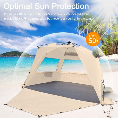  WhiteFang Deluxe XL Pop Up Beach Tent Sun Shade Shelter for 3-4 Person, UV Protection, Extendable Floor with 3 Ventilating Windows Plus Carrying Bag, Stakes, and Guy Lines