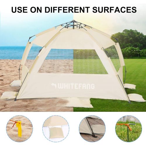  WhiteFang Deluxe XL Pop Up Beach Tent Sun Shade Shelter for 3-4 Person, UV Protection, Extendable Floor with 3 Ventilating Windows Plus Carrying Bag, Stakes, and Guy Lines