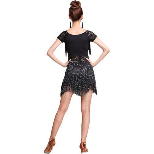  Whitewed Lace Fringes Dance Recital Salsa Latin Tango Dress Costume with Sleeves