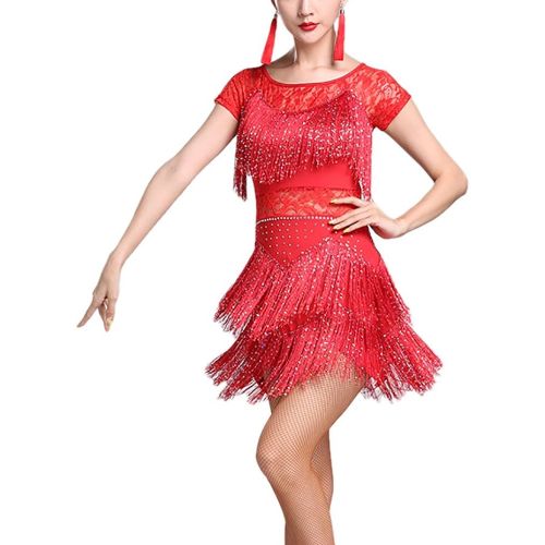  Whitewed Lace Fringes Dance Recital Salsa Latin Tango Dress Costume with Sleeves