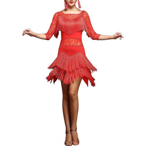  Whitewed Lace Fringes Dance Recital Salsa Latin Tango Dress Costume with Sleeves