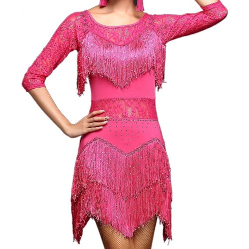  Whitewed Lace Fringes Dance Recital Salsa Latin Tango Dress Costume with Sleeves