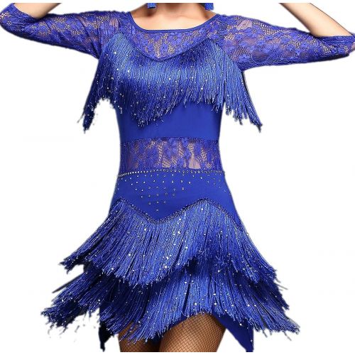  Whitewed Lace Fringes Dance Recital Salsa Latin Tango Dress Costume with Sleeves