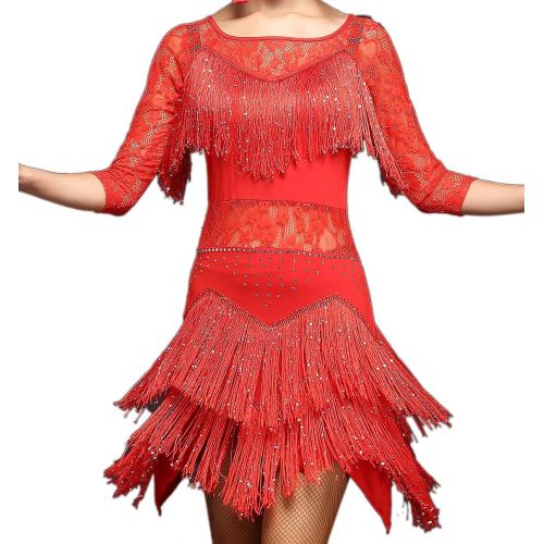  Whitewed Lace Fringes Dance Recital Salsa Latin Tango Dress Costume with Sleeves