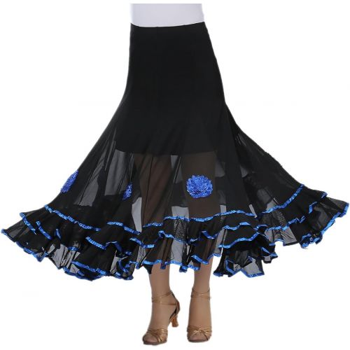  Whitewed Ruffle Floral Dance Long Ballroom Swing Practice Performance Skirts