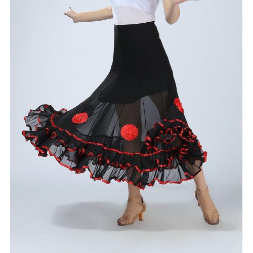  Whitewed Ruffle Floral Dance Long Ballroom Swing Practice Performance Skirts