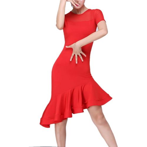  Whitewed Short Sleeves Mesh Yoke Latin Rhythm Tango Salsa Dance Dresses Costumes