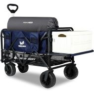 Collapsible Double Decker Wagon with Tailgate, Heavy Duty Foldable Wagon with All-Terrain Big Wheels, Beach Wagon for Camping, Sports, Shopping, Garden Dark Blue