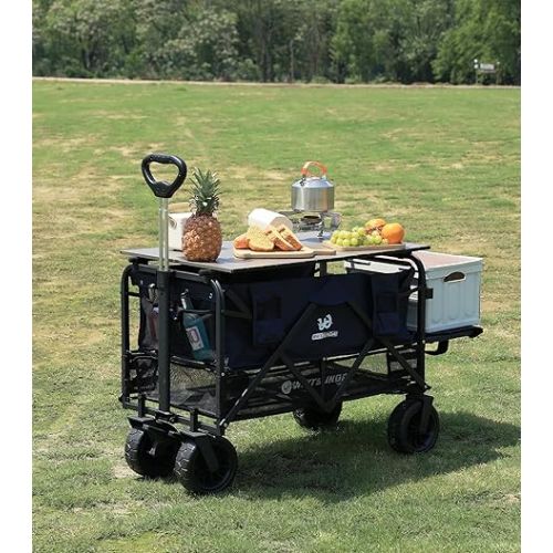  Collapsible Double Decker Wagon with Tailgate, Heavy Duty Foldable Wagon with All-Terrain Big Wheels, Beach Wagon for Camping, Sports, Shopping, Garden Dark Blue