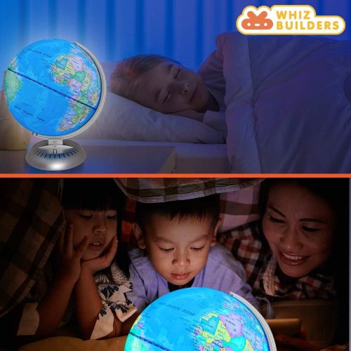  [아마존베스트]WhizBuilders Illuminated World Globe Lights by KinderBerries  8” Globe of The World with Stand Night Lights for Kids - Built-in LED Light Earth Globe with Easy to Read Labels for Continents, C