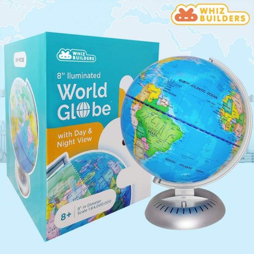  [아마존베스트]WhizBuilders Illuminated World Globe Lights by KinderBerries  8” Globe of The World with Stand Night Lights for Kids - Built-in LED Light Earth Globe with Easy to Read Labels for Continents, C