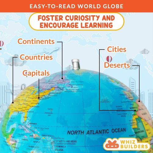  [아마존베스트]WhizBuilders Illuminated World Globe Lights by KinderBerries  8” Globe of The World with Stand Night Lights for Kids - Built-in LED Light Earth Globe with Easy to Read Labels for Continents, C