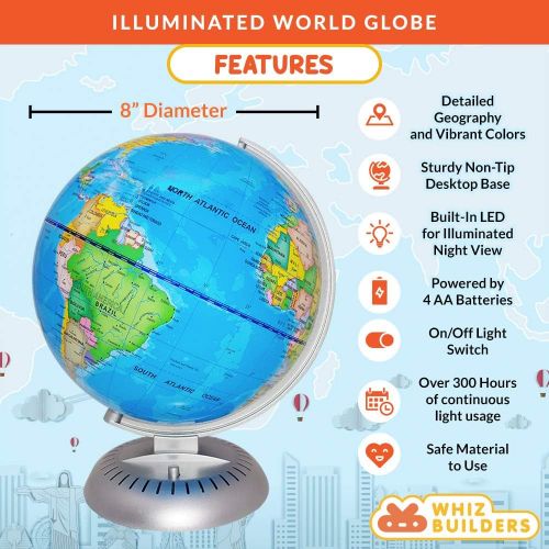  [아마존베스트]WhizBuilders Illuminated World Globe Lights by KinderBerries  8” Globe of The World with Stand Night Lights for Kids - Built-in LED Light Earth Globe with Easy to Read Labels for Continents, C