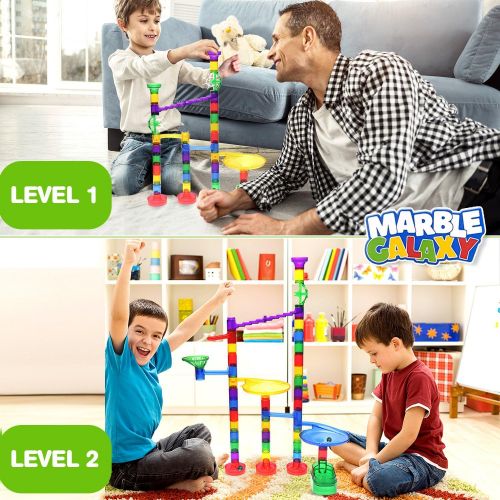  [아마존베스트]Marble Run Track Toy Set  Translucent Marble Maze Race Game Set By Marble Galaxy  Fun Educational STEM Building Construction Toys For Kids - 90 Sturdy Colorful Marbulous Pcs & Gl