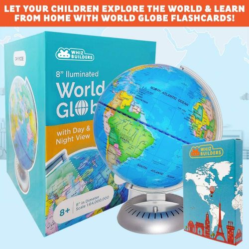  Illuminated World Globe Lights by WhizBuilders  8” Globe Of The World With Stand Night Lights For Kids Learning - Built-in LED Light Earth Globe With Easy To Read Labels For Conti