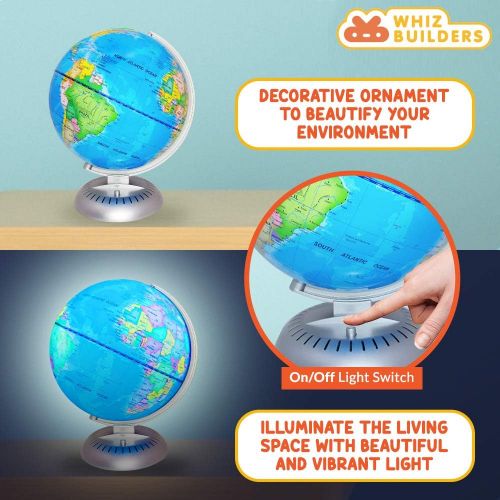  Illuminated World Globe Lights by WhizBuilders  8” Globe Of The World With Stand Night Lights For Kids Learning - Built-in LED Light Earth Globe With Easy To Read Labels For Conti