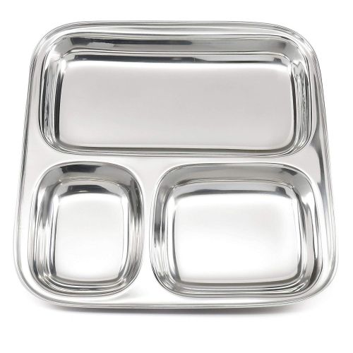  WhopperIndia Stainless Steel 3 Compartment Square Plate, Thali, Mess Tray, Dinner Plate Set of 2 pcs- 25 cm each