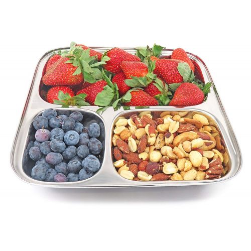  WhopperIndia Stainless Steel 3 Compartment Square Plate, Thali, Mess Tray, Dinner Plate Set of 4 pcs- 25 cm each