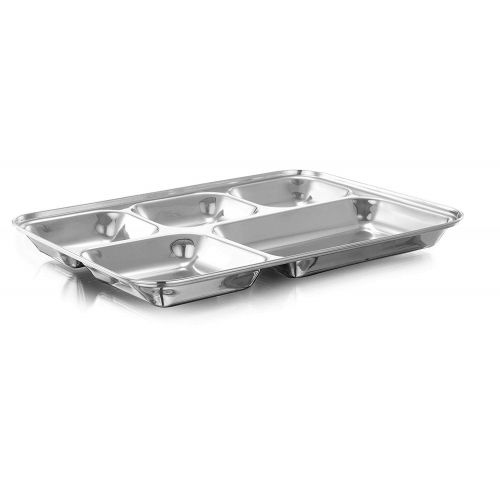  WhopperIndia Heavy Duty Stainless Steel Rectangle/Square Deep Dinner Plate w/5 Sections Divided Mess Trays for Kids Lunch, Camping, Events & Every Day Use 34 cm each - Set of 12 Pc