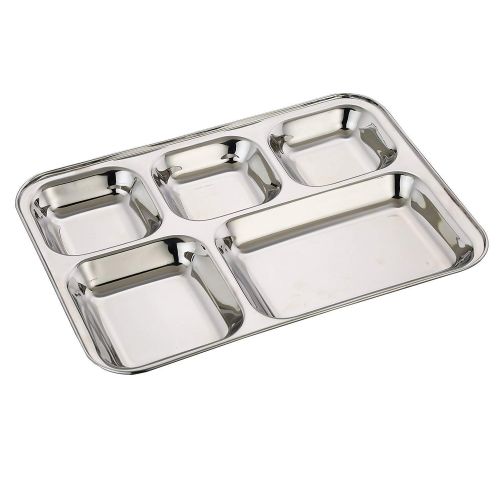  WhopperIndia Heavy Duty Stainless Steel Rectangle/Square Deep Dinner Plate w/5 Sections Divided Mess Trays for Kids Lunch, Camping, Events & Every Day Use 34 cm each - Set of 12 Pc