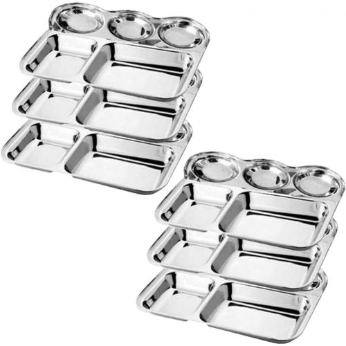  WhopperIndia Heavy Duty Stainless Steel Rectangle/Square Deep - 2.7 cm Dinner Plate w/5 Sections Mess Trays for Kids Lunch, Camping, Events & Every Day Use 6 Pcs - 34 cm each