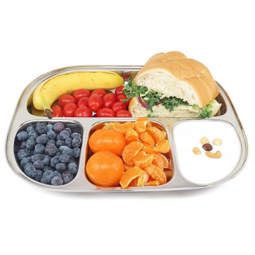  WhopperIndia Stainless Steel Dinner Plate with Four sections divided plate Mess Trays Great For Every Day Use Set of 6-13 Inch