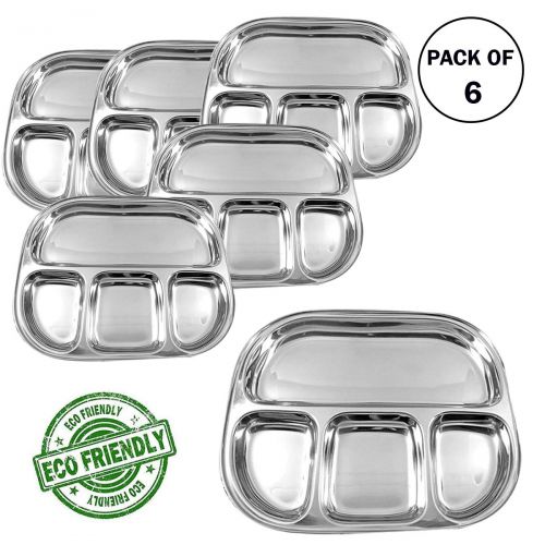  WhopperIndia Stainless Steel Dinner Plate with Four sections divided plate Mess Trays Great For Every Day Use Set of 6-13 Inch