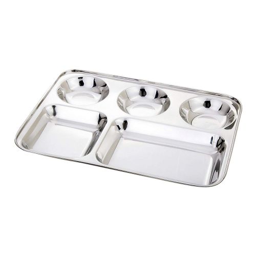  WhopperIndia Stainless Steel Five Compartment Square Plate, Thali, Mess Tray, Dinner Plate Set of 2 pcs- 33 cm each