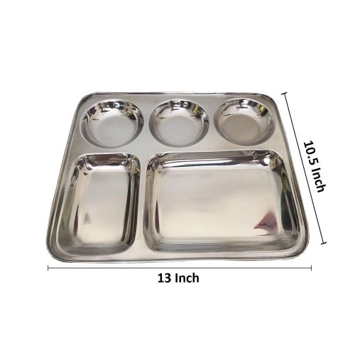  WhopperIndia Stainless Steel Five Compartment Square Plate, Thali, Mess Tray, Dinner Plate Set of 2 pcs- 33 cm each