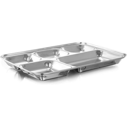  WhopperIndia Heavy Duty Stainless Steel Rectangle/Square Deep Dinner Plate w/5 Sections Divided Mess Trays for Kids Lunch, Camping, Events & Every Day Use 34 cm each - Set of 2 Pcs