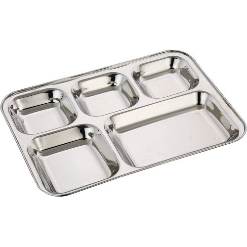 WhopperIndia Heavy Duty Stainless Steel Rectangle/Square Deep Dinner Plate w/5 Sections Divided Mess Trays for Kids Lunch, Camping, Events & Every Day Use 34 cm each - Set of 2 Pcs