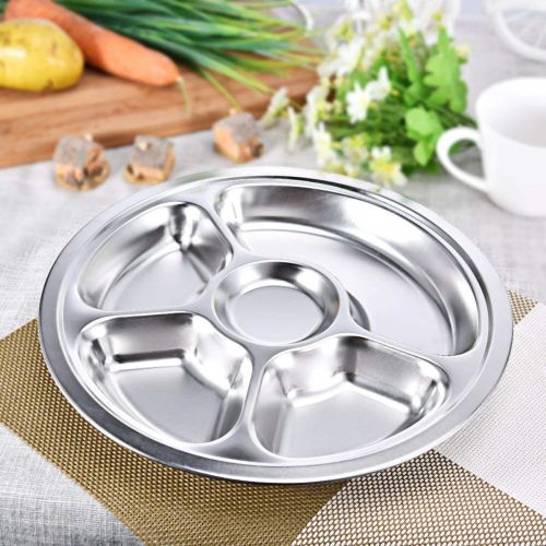  WhopperOnline Set of 2 Eco Friendly Round Stainless Steel 5 Compartment Food Serving Dinner Thali Plate, Mess Tray, Lunch Plate, Platter Dish, Camping Plate For Kids - Silver, 12.8 inch