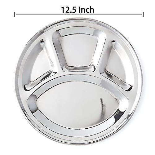  WhopperOnline Stainless Steel Round 4 Section Divided Plate for Toddlers, Dinner Lunch Plate - Silver, 12.5 Inch