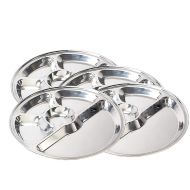 WhopperOnline Eco Friendly Round Stainless Steel 5 Compartment Dinner Plate, Lunch Plate, Mess Tray, Divided Platter Dish - Set of 4, 13 inch