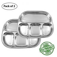 WhopperOnline Eco Friendly Square Stainless Steel 4 Compartment Dinner Plate, Lunch Plate, Mess Tray, Serving Dish - Set of 2, 13 inch