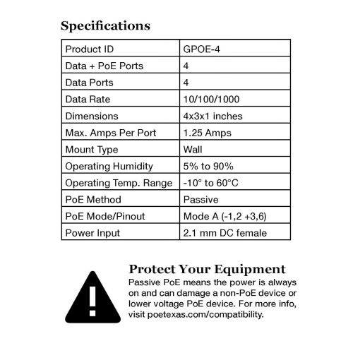  WiFi-Texas WT-GPOE-4-48v48w Gigabit Passive PoE 4 Port Power Over Ethernet Injector with 48 watts for 802.3af Devices, Includes 48 Volt Power Supply