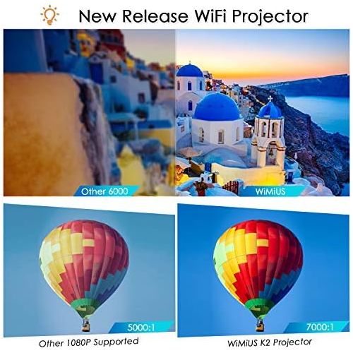  WiFi Projector Support 5.0 Bluetooth transmitter, WiMiUS K2 Mini Projector 1080P and 4K Support, 300’’ Screen Zoom Compatible with Smartphone (Wirelessly) PC TV Stick Chromecast PS